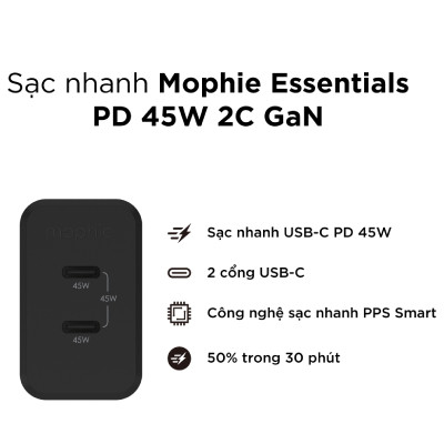 Củ sạc Mophie Essentials PD 45W 2C GaN