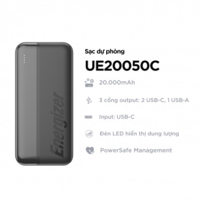 Pin dự phòng Energizer 20,000mAh/3.7V Li-Polymer - UE20050CBK