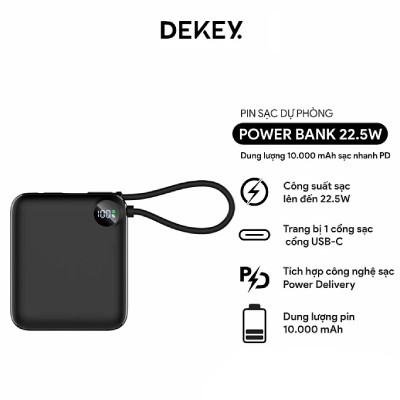 Pin Dự Phòng DEKEY Power Pioneer 10.000mAh USB-C PD Power Bank 22.5W kèm cáp Type-C