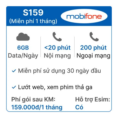 Sim 4G Mobifone S159 6GB/ngày - 1 tháng