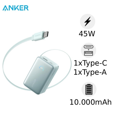 Pin dự phòng Anker Nano 10000mAh 45w 1C1A tích hợp cáp USB-C A1638