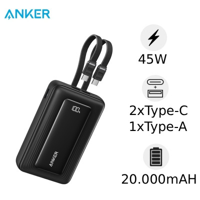 Pin dự phòng Anker Zolo 20000mAh 45W 1A1C tích hợp 2 cáp Type-C A1681