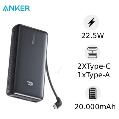 Pin dự phòng Anker 20000mAh 22.5W tích hợp cáp USB-C A110E