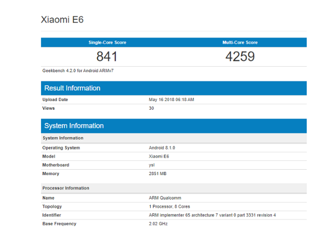 xiaomi e6 bat ngo lo dien tren geekbench 