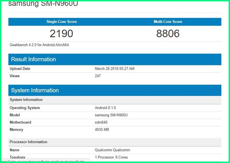 xuat hien thong tin cau hinh cua samsung galaxy note 9 hinh 1