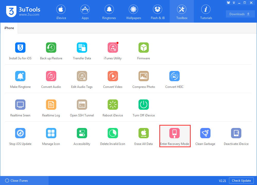 Mở mục Toolbox và chọn Enter Recovery Mode