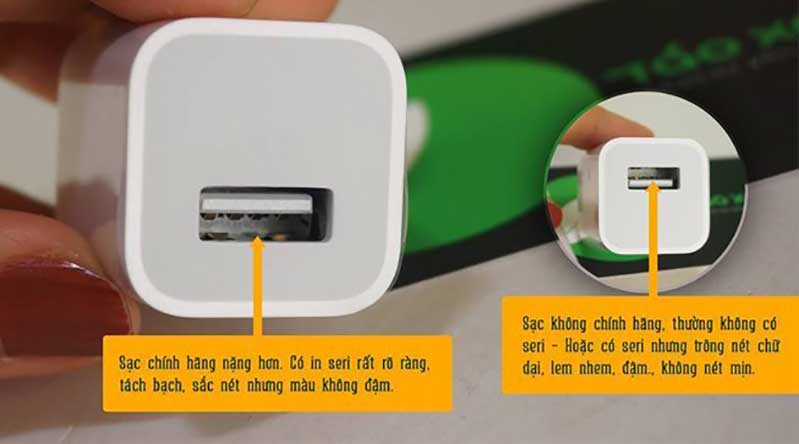 Cục sạc iPhone chính hãng (trái) và sạc iPhone giả (phải) huong dan phan biet that gia sac cap iphone chinh hang hinh anh 3
