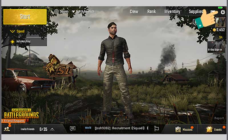 Bước 1: Tại giao diện game nhấp vào iCon cài đặt game. tang do muot game pubg mobile tren android hinh 5