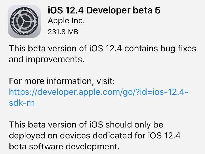 Apple tung phiên bản nâng cấp iOS 12.4 Beta 5 