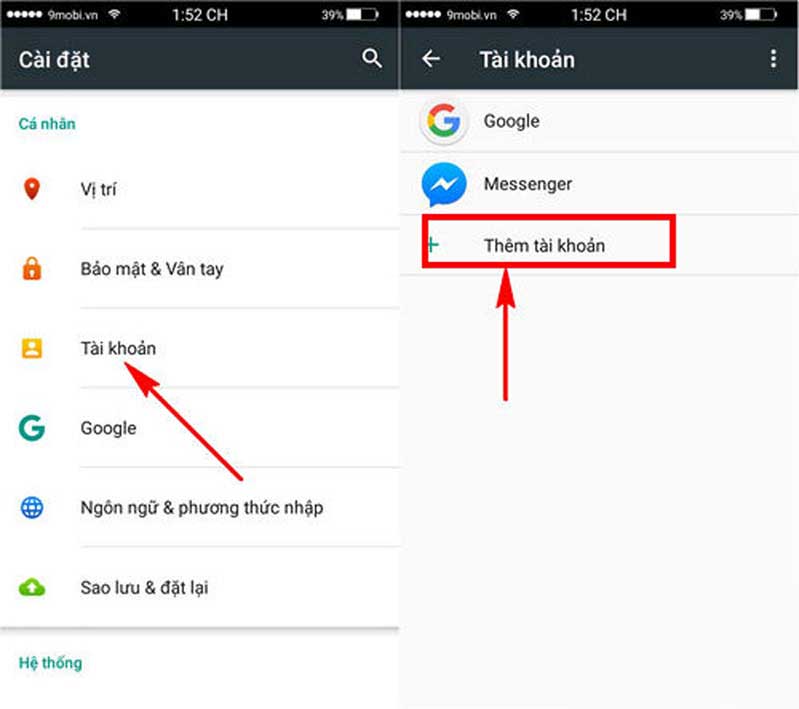 Thêm tài khoản từ Cài đặt để đăng nhập Gmail