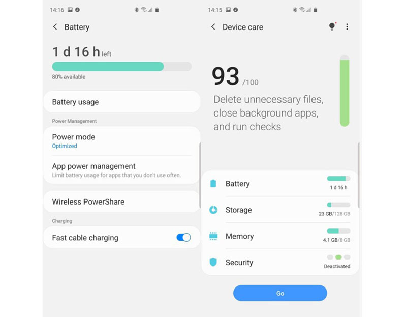 Chăm sóc thiết bị nâng cao & chỉ số pin trên One UI 2.0