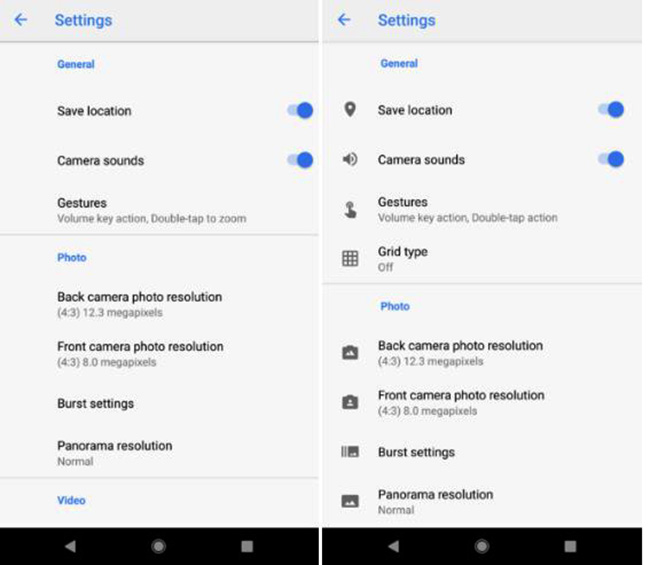 Màn hình cài đặt với giao diện mới setting google camera