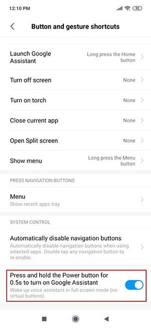 cấu hình nút nguồn trên redmi note 7 pro cấu hình nút nguồn thành nút gọi trợ lý Google