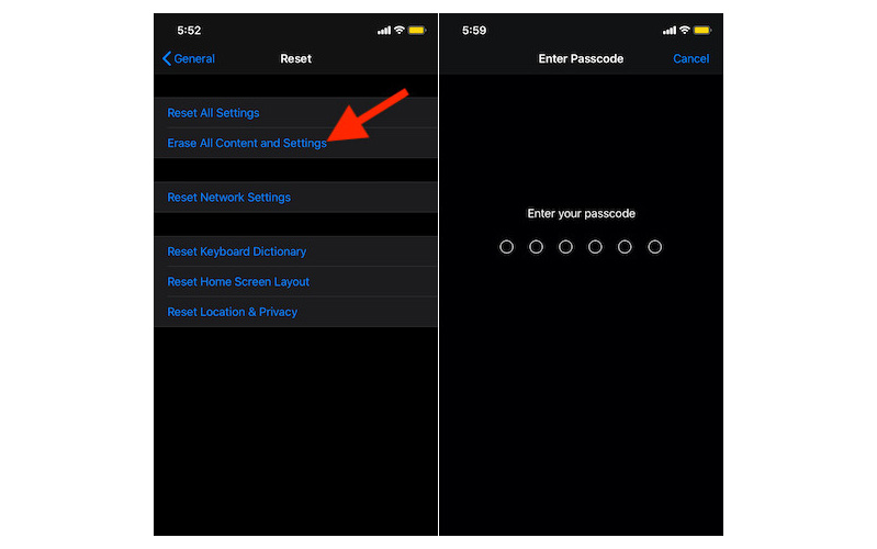  Chọn Erase All Content and Settings
