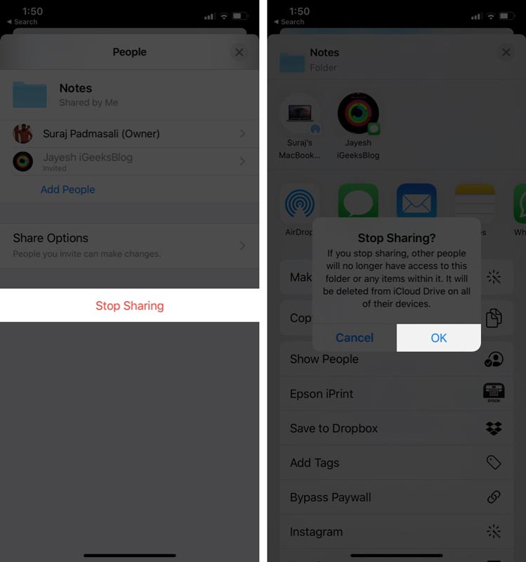 xóa người nhận file chia sẻ icloud