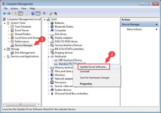 chọn Update Driver Software trong phần device manager
