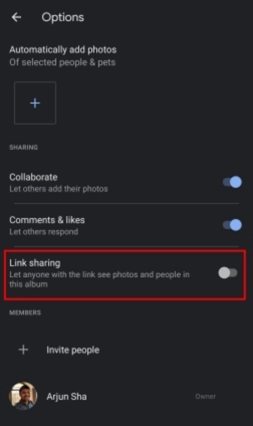Tắt công tắc Link Sharing trên ứng dụng