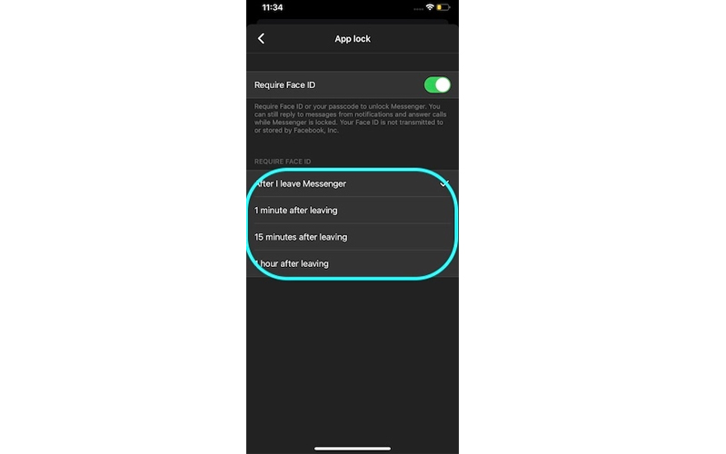 chọn thời gian khoá facebook messenger 