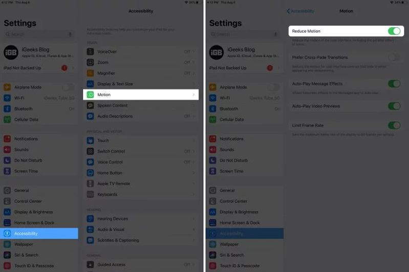 cho phép giảm chuyển động trên iPad.