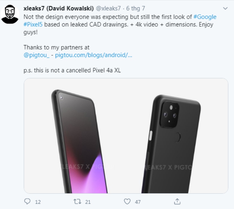 google pixel 5 được hé lộ thiết kế trên twitter