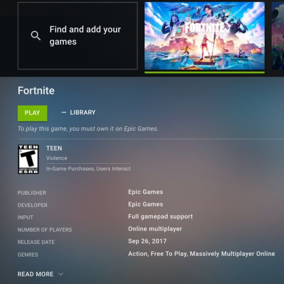 GeForce Now và tìm kiếm Fortnite.