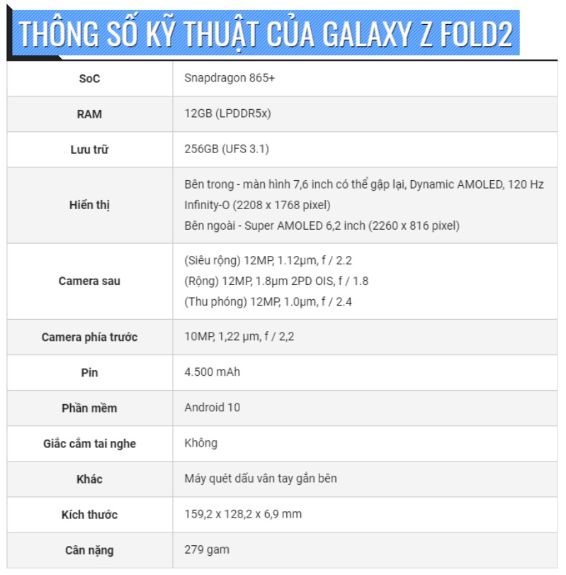 thông số kỹ thuật của galaxy fold 2