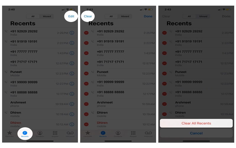 xóa tất cả cuộc gọi trên iphone