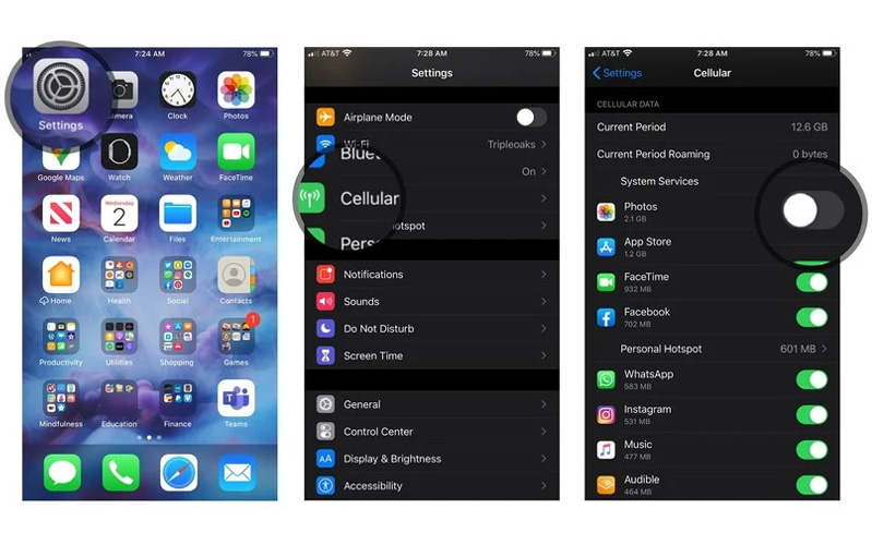 tắt dữ liệu di động cho ứng dụng ảnh trên iphone, ipad