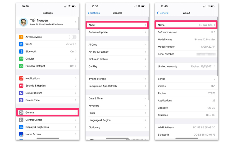 Đổi tên máy điện thoại iPhone 12 mới