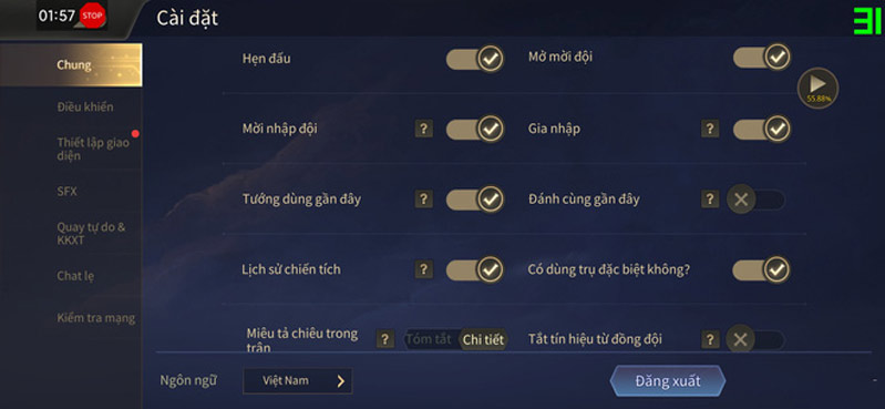 thiết lập trên tự game liên quân 