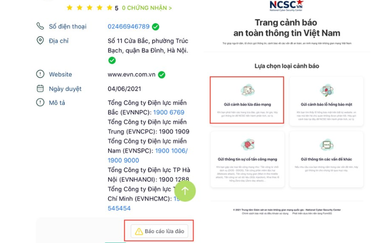 Nhấn chọn vào mục Báo cáo lừa đảo