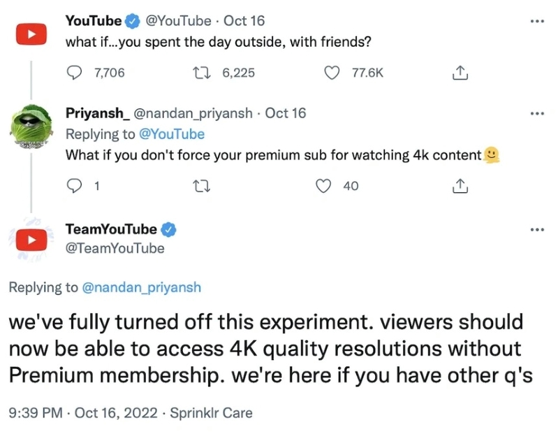 Khẳng định của Youtube trên Twitter