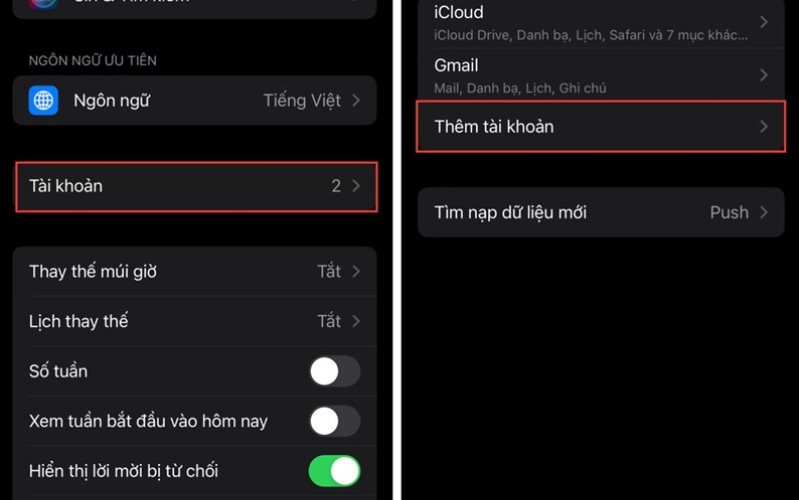 Cách thêm lịch thi đấu World Cup 2022 trên iPhone Bạn nhấn chọn vào phần Tài khoản và sau đó hãy chọn tiếp vào mục Thêm tài khoản để thiết lập.