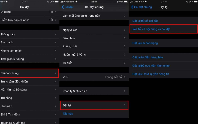 Xóa tất cả nội dung và cài đặt