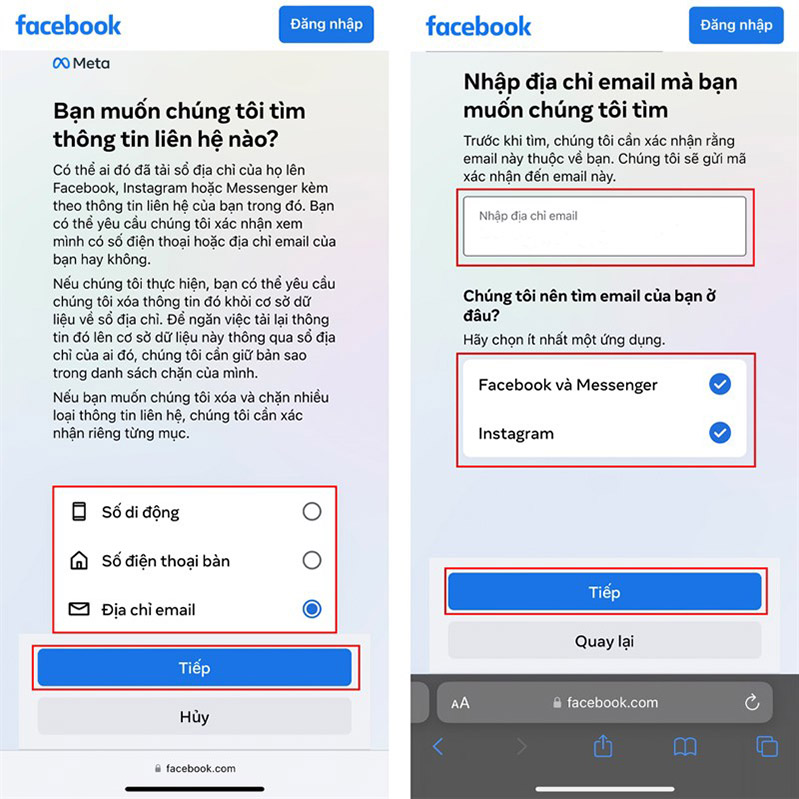 Facebook Chọn thông tin để kiểm tra trên Facebook