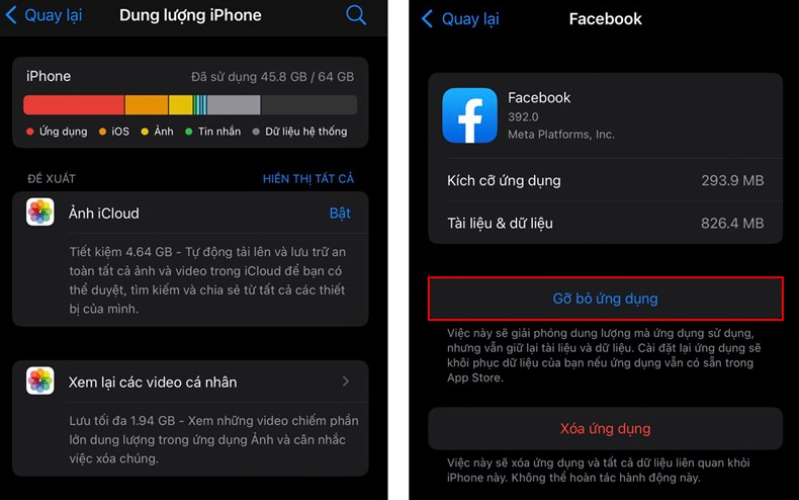 Gỡ bỏ ứng dụng để hệ thống xóa đi bộ nhớ đệm của Facebook
