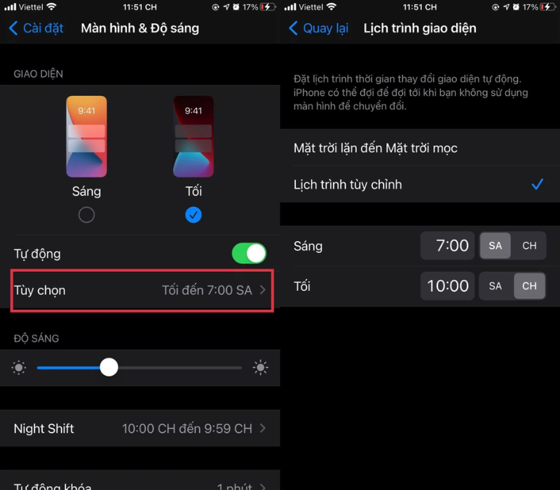 Lên lịch chuyển sang Dark Mode 