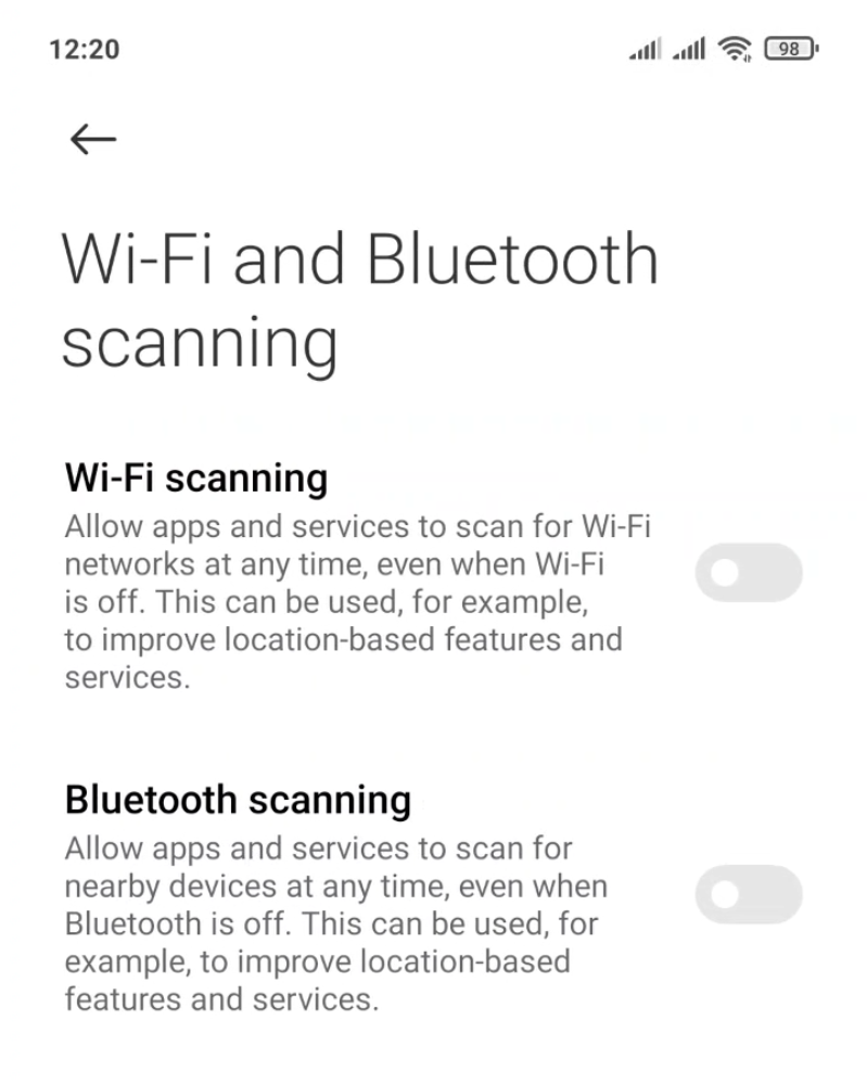Tắt tính năng quét Wi-Fi và Bluetooth 