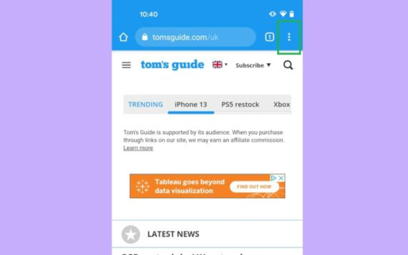 Cách xóa bộ nhớ đệm Android Mở Chrome và nhấn vào biểu tượng dấu ba chấm