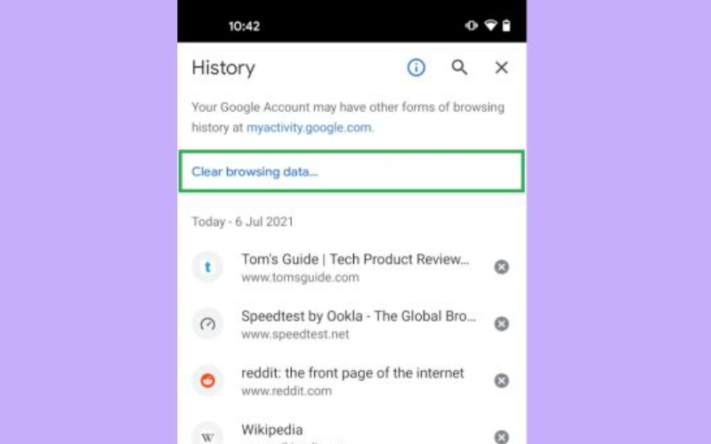 Cách xóa bộ nhớ đệm Android Nhấn vào Lịch sử và chọn Xóa dữ liệu duyệt web