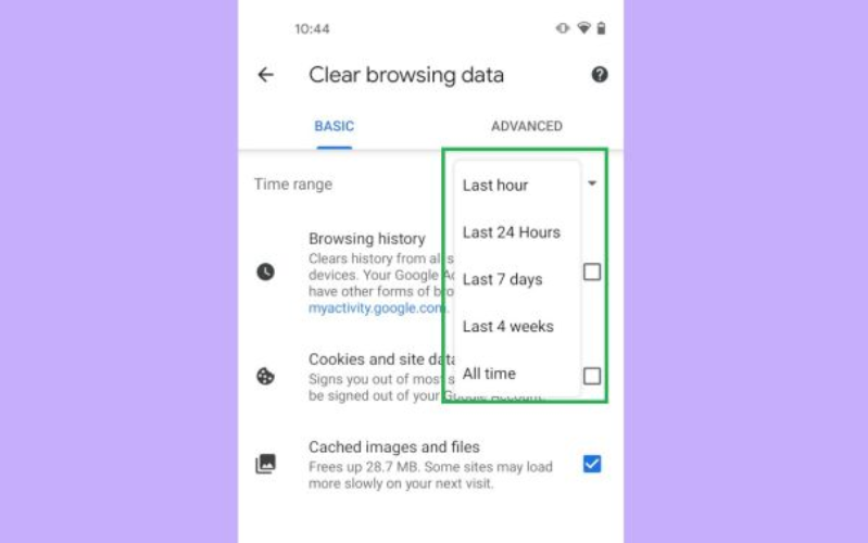 Cách xóa bộ nhớ đệm Android Nếu muốn xóa hết thì chọn All time