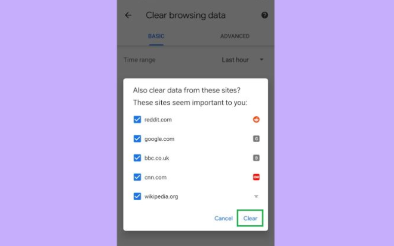 Cách xóa bộ nhớ đệm Android yêu cầu xác nhận rằng bạn muốn xóa dữ liệu khỏi các trang web cụ thể, hãy nhấn Xóa