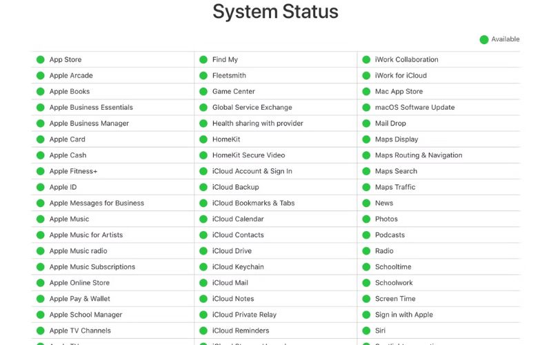 Kiểm tra Trang trạng thái hệ thống của Apple