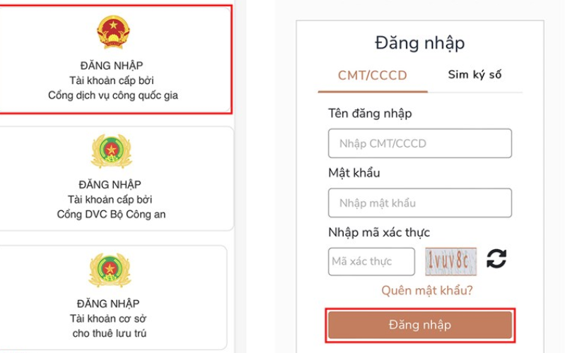 Chọn Đăng nhập Cổng DVC Quốc gia và đăng nhập bằng tài khoản Cổng DVC Quốc gia của mình vào để có thể tiếp tục