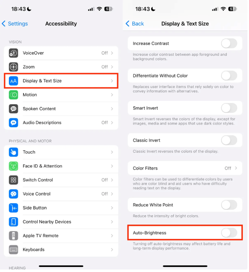 iPhone tự động làm mờ màn hình Tắt Độ sáng tự động (Auto-Brightness) trong mục Trợ năng (Accessibility)