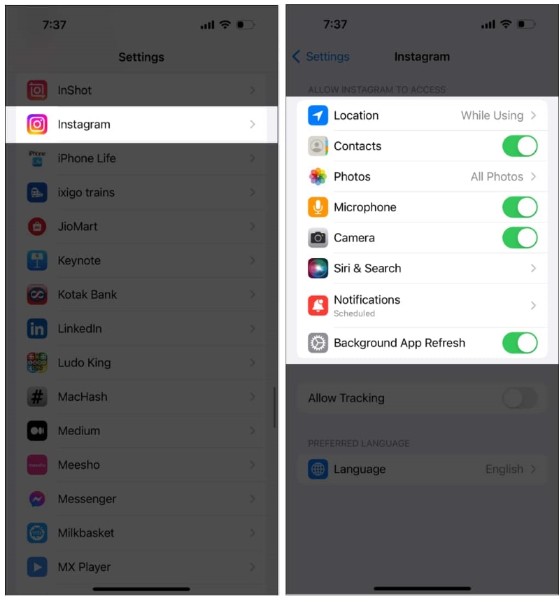 Cấp quyền cho phép cho Instagram