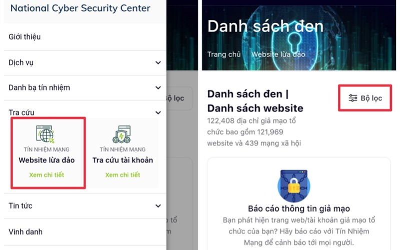 Tiếp đến bạn vào mục Website lừa đảo để có thể tìm kiếm độ tín nhiệm của các trang web