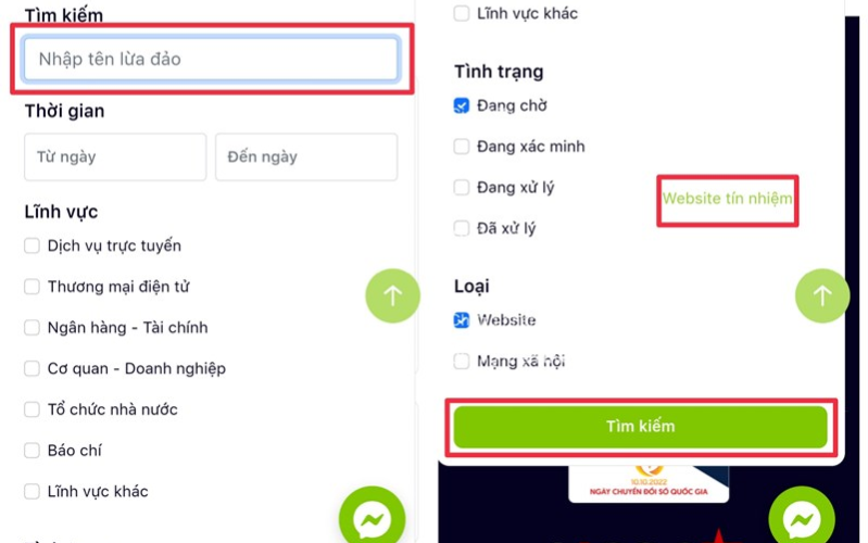 nhập vào mục Nhập tên lừa đảo để tìm kiếm trang web mà bạn muốn tra cứu