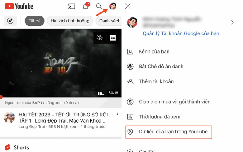 Nhấn vào ảnh đại diện ở góc trên bên phải và chọn Your data in YouTube (dữ liệu của bạn trong YouTube).