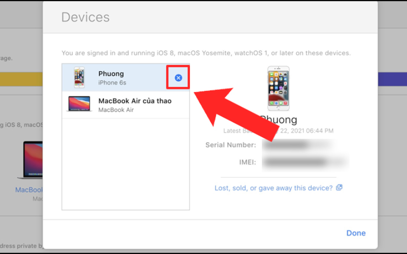 Chọn vào dấu X để xóa iCloud ra khỏi thiết bị